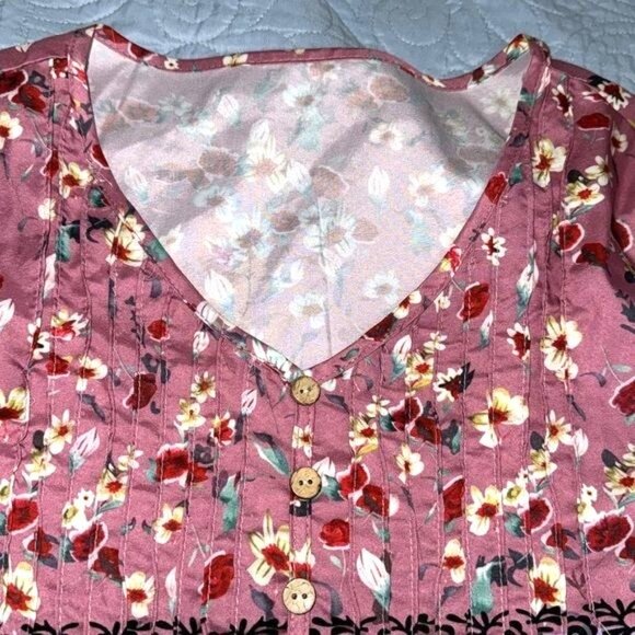 Floral Tunic Top With Buttons Long Sleeve Pink/Gray Boho Style Womens Size L - Picture 3 of 7